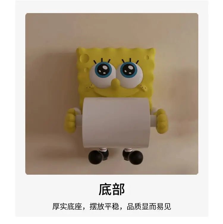 Decorative cartoon sponge-themed toilet paper roll holder and paper towel dispenser for bathroom or kitchen use.