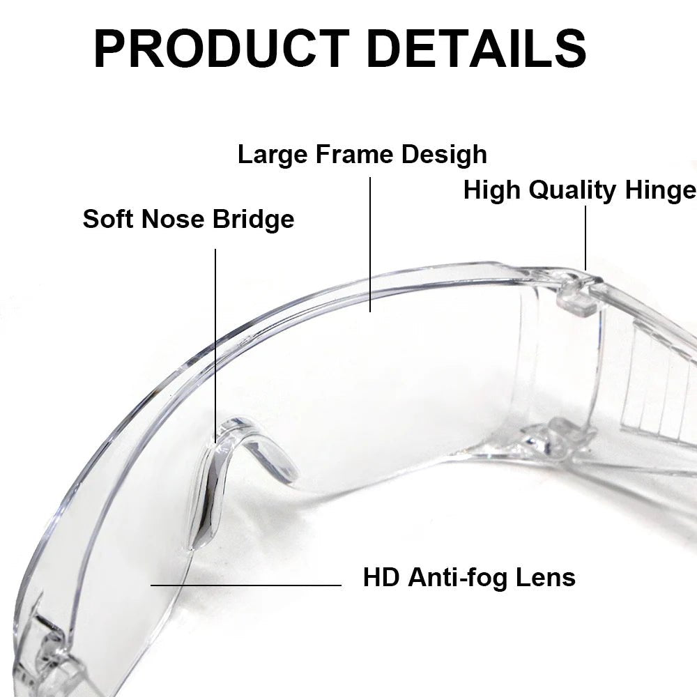 Pair of clear safety goggles by BACKUPMYFILESNOW.COM® with anti-splash, dustproof lenses for laboratory eye protection.