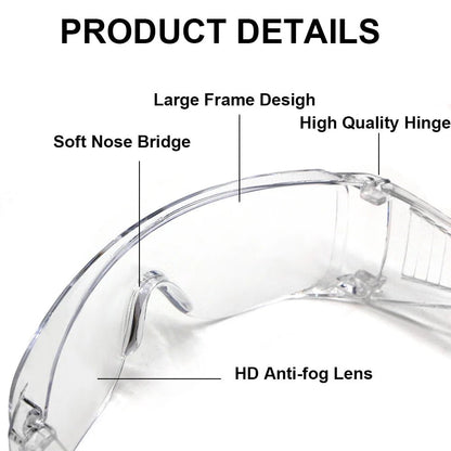 Pair of clear safety goggles by BACKUPMYFILESNOW.COM® with anti-splash, dustproof lenses for laboratory eye protection.