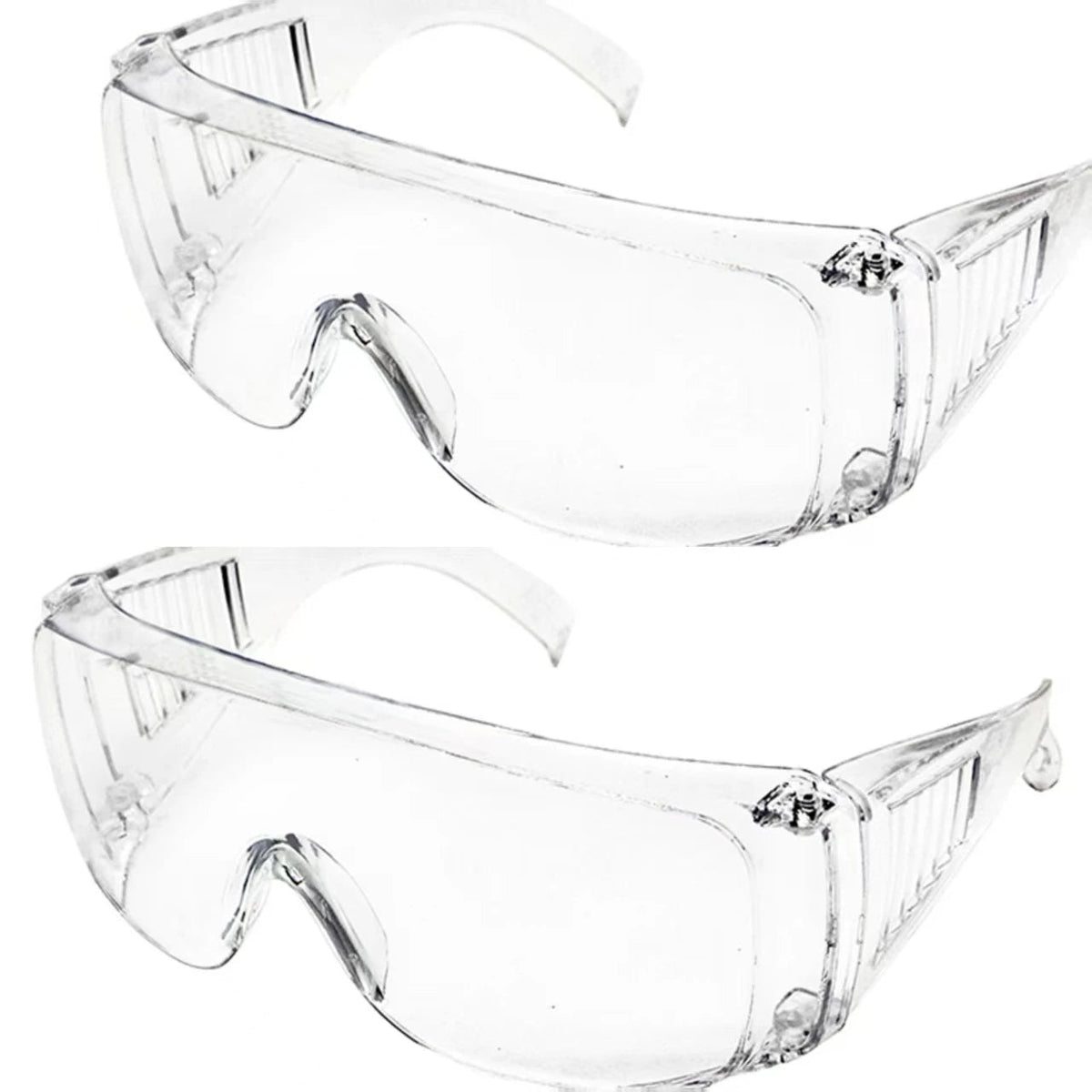 Pair of clear lens safety goggles from BACKUPMYFILESNOW.COM®, dustproof and anti-splash for laboratory and work eye protection.