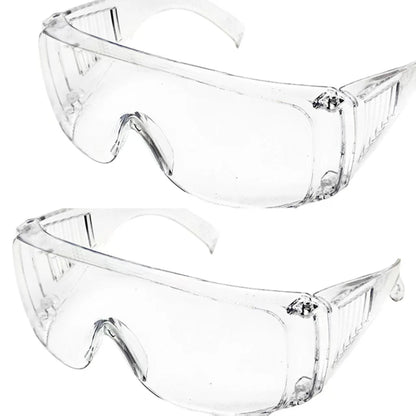 Pair of clear lens safety goggles from BACKUPMYFILESNOW.COM®, dustproof and anti-splash for laboratory and work eye protection.