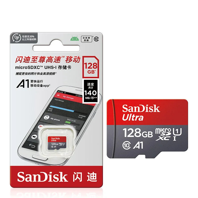 SanDisk 256GB micro SD memory card with Class 10 UHS-1 for smartphones and PCs, featuring a compact design and high storage capacity.