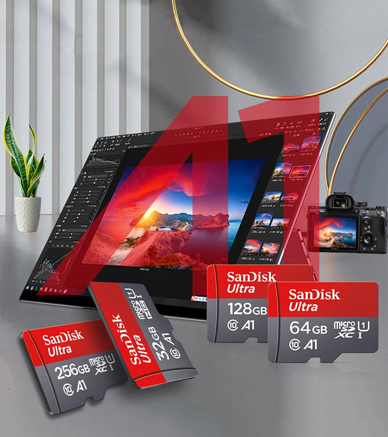 SanDisk 256GB micro SD memory card with Class 10 UHS-1 for smartphones and PCs, featuring durable flash storage.