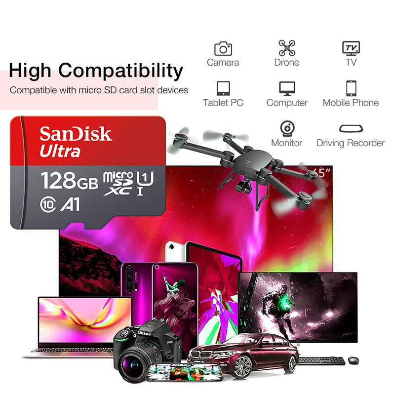 SanDisk microSD memory card in 256GB, 128GB, 64GB, or 32GB capacity, Class 10 UHS-1 flash card for smartphones and PCs.