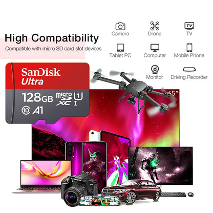 SanDisk microSD memory card in 256GB, 128GB, 64GB, or 32GB capacity, Class 10 UHS-1 flash card for smartphones and PCs.