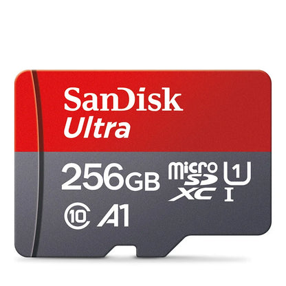 SanDisk 256GB, 128GB, 64GB, or 32GB micro SD memory card with Class 10 UHS-1 for smartphones and PCs.