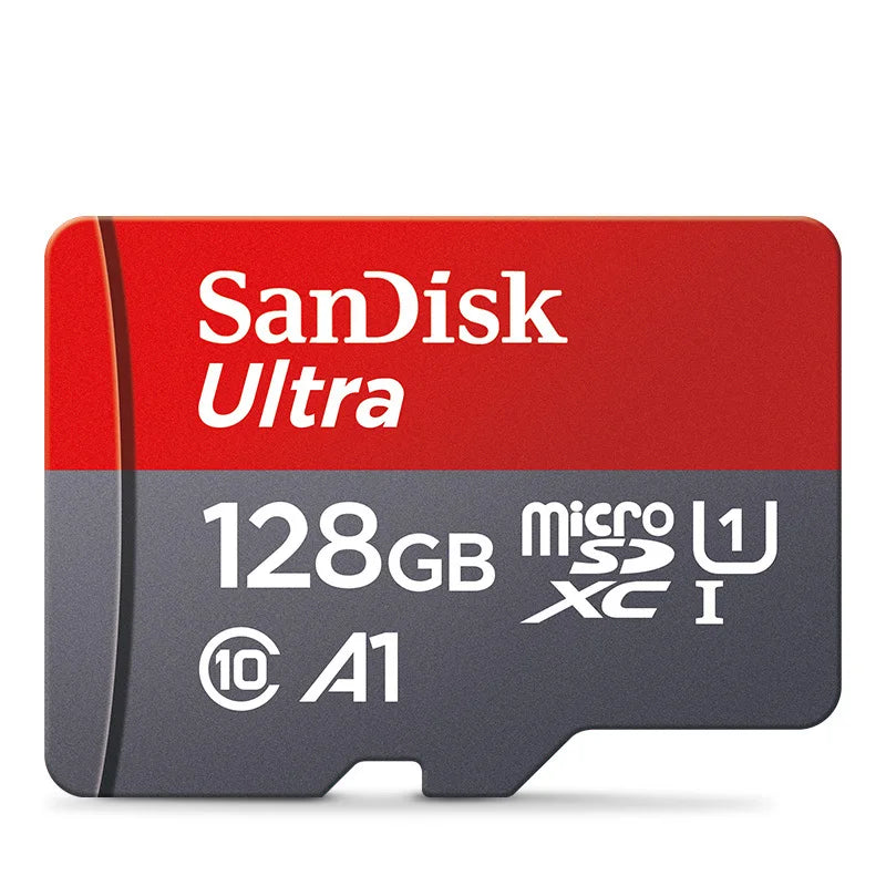 SanDisk 256GB microSD card with Class 10 UHS-1 speed, compatible with smartphones and PCs, shown in close-up image.
