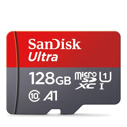 SanDisk 256GB microSD card with Class 10 UHS-1 speed, compatible with smartphones and PCs, shown in close-up image.