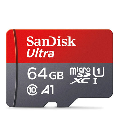 SanDisk 256GB microSD card with Class 10 UHS-1 for smartphones and PCs, featuring a compact design and memory capacity options.
