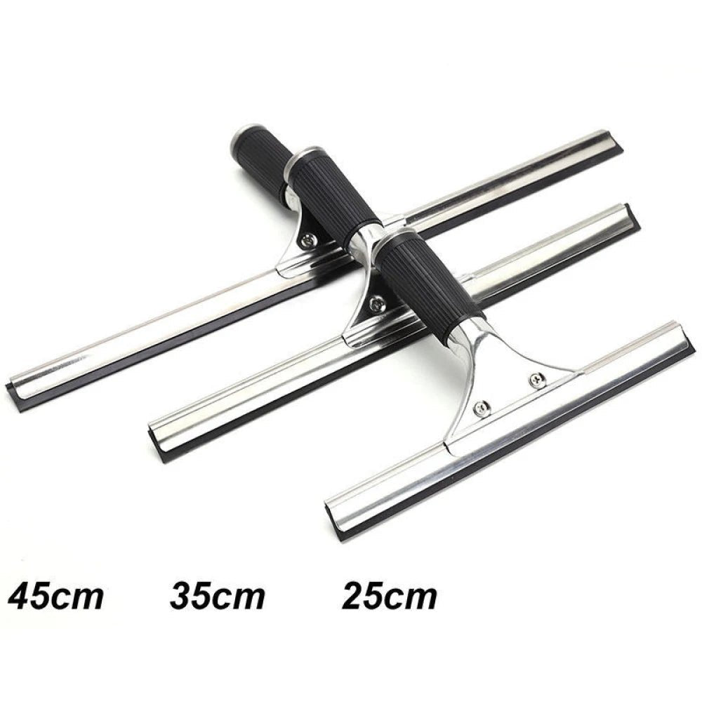 Stainless steel squeegee with rubber blade for shower, glass, and car windows, available in 25, 35, and 45cm lengths.