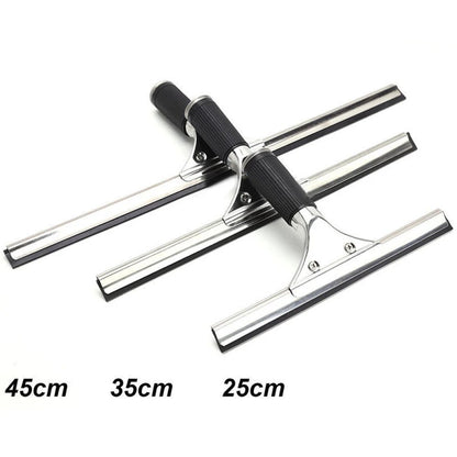 Stainless steel squeegee with rubber blade for shower, glass, and car windows, available in 25, 35, and 45cm lengths.