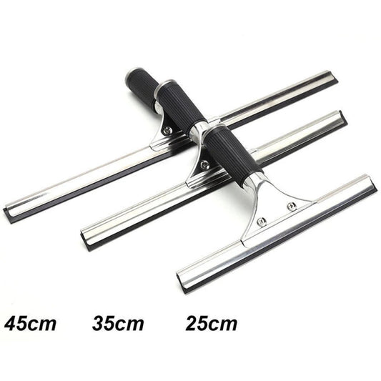 Stainless steel squeegee with rubber blade for shower, glass, and car windows, available in 25, 35, and 45cm lengths.