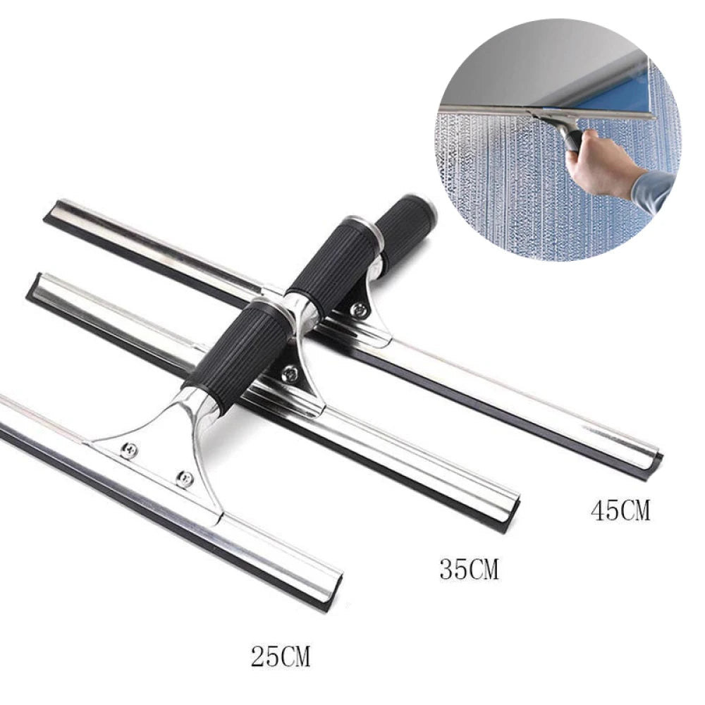 Stainless steel squeegee for shower and car glass, 25cm, 35cm, or 45cm, with rubber blade for streak-free cleaning.