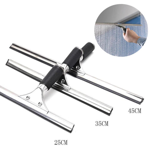 Stainless steel squeegee for shower and car glass, 25cm, 35cm, or 45cm, with rubber blade for streak-free cleaning.