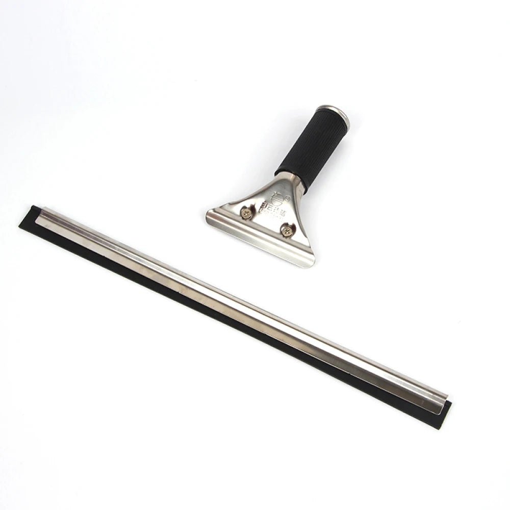 Stainless steel squeegee with rubber blade for shower, window, and car glass cleaning, available in 25, 35, and 45cm lengths.