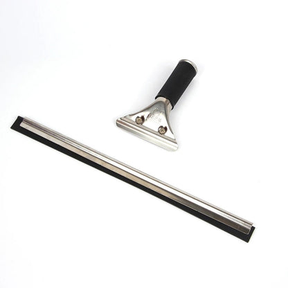 Stainless steel squeegee with rubber blade for shower, window, and car glass cleaning, available in 25, 35, and 45cm lengths.