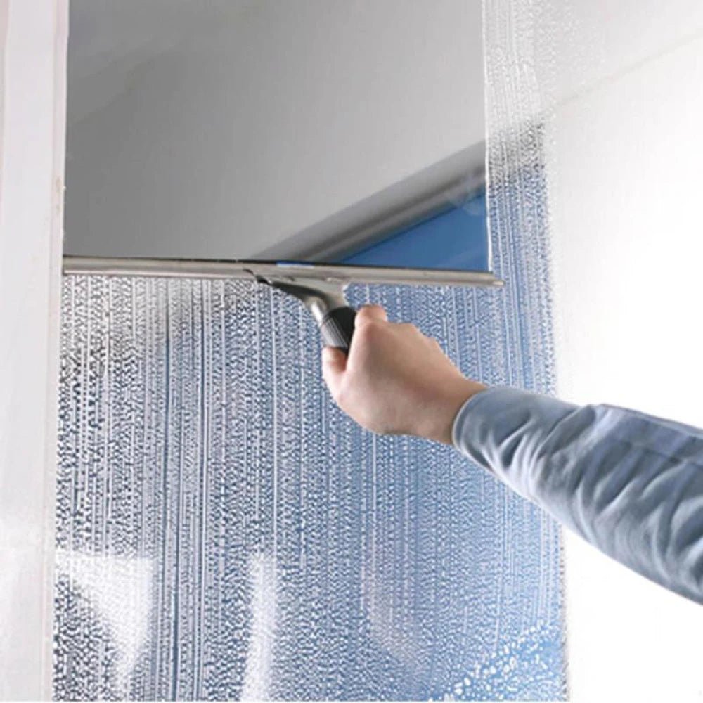 Stainless steel shower window squeegee with rubber blade for streak-free cleaning of glass, doors, and car windows in 25cm size