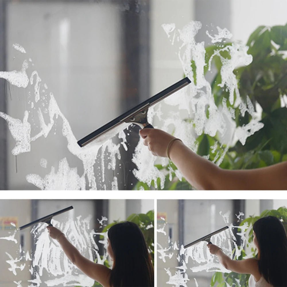 Stainless steel squeegee for shower and car glass cleaning, with rubber blade, available in 25, 35, and 45cm sizes.
