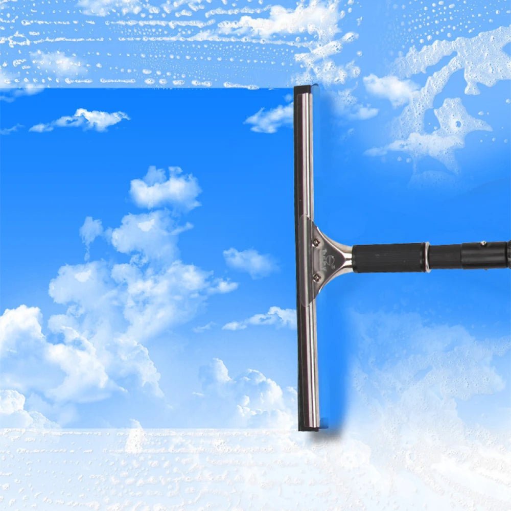 Stainless steel squeegee for shower window and car glass cleaning with rubber blade, available in 25, 35, and 45 cm sizes.