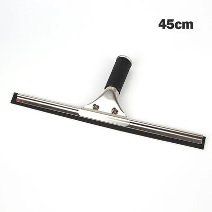 Stainless steel squeegee for shower windows, glass, and car surfaces, with rubber blade, available in 25, 35, and 45cm sizes.