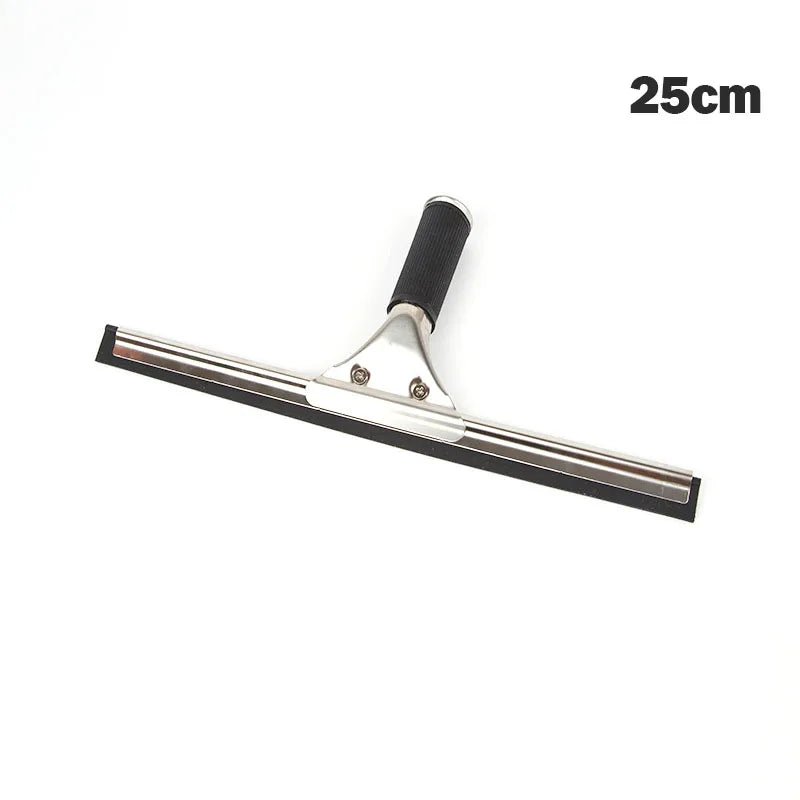 Stainless steel squeegee with rubber blade for shower, window, and car glass cleaning, available in 25, 35, and 45cm lengths.