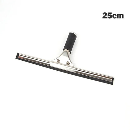 Stainless steel squeegee with rubber blade for shower, window, and car glass cleaning, available in 25, 35, and 45cm lengths.
