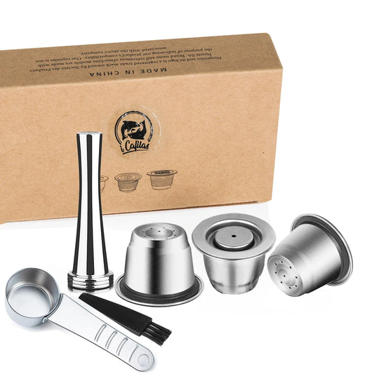 Reusable icafilas coffee capsule for Nespresso machines, stainless steel pod with eco-friendly coffee filters and included tamper and spoon.