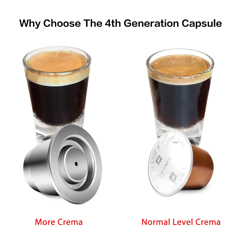 Reusable stainless steel coffee capsule for Nespresso machines, eco-friendly coffee filter with tamper and spoon included.