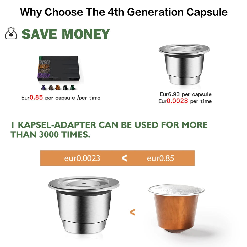 Reusable stainless steel coffee capsule for Nespresso machines, eco-friendly and compatible with coffee filters and accessories.