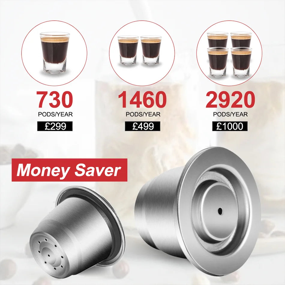 Stainless steel reusable coffee capsule for Nespresso machines with eco-friendly filters and included tamper and spoon.