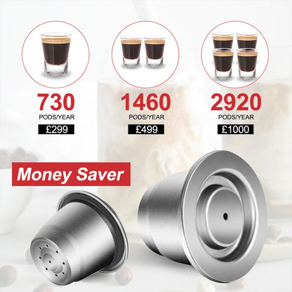 Stainless steel reusable coffee capsule for Nespresso machines with eco-friendly filters and included tamper and spoon.