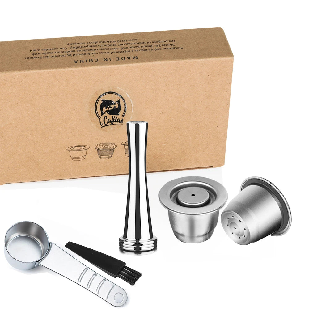 Reusable stainless steel coffee capsule for Nespresso machines, eco-friendly coffee filter with tamper and spoon included.