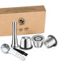 Reusable stainless steel coffee capsule for Nespresso machines, eco-friendly coffee filter with cup, tamper, and spoon included.