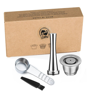 Reusable stainless steel coffee capsule for Nespresso machines, eco-friendly filter with cup and accessories included.