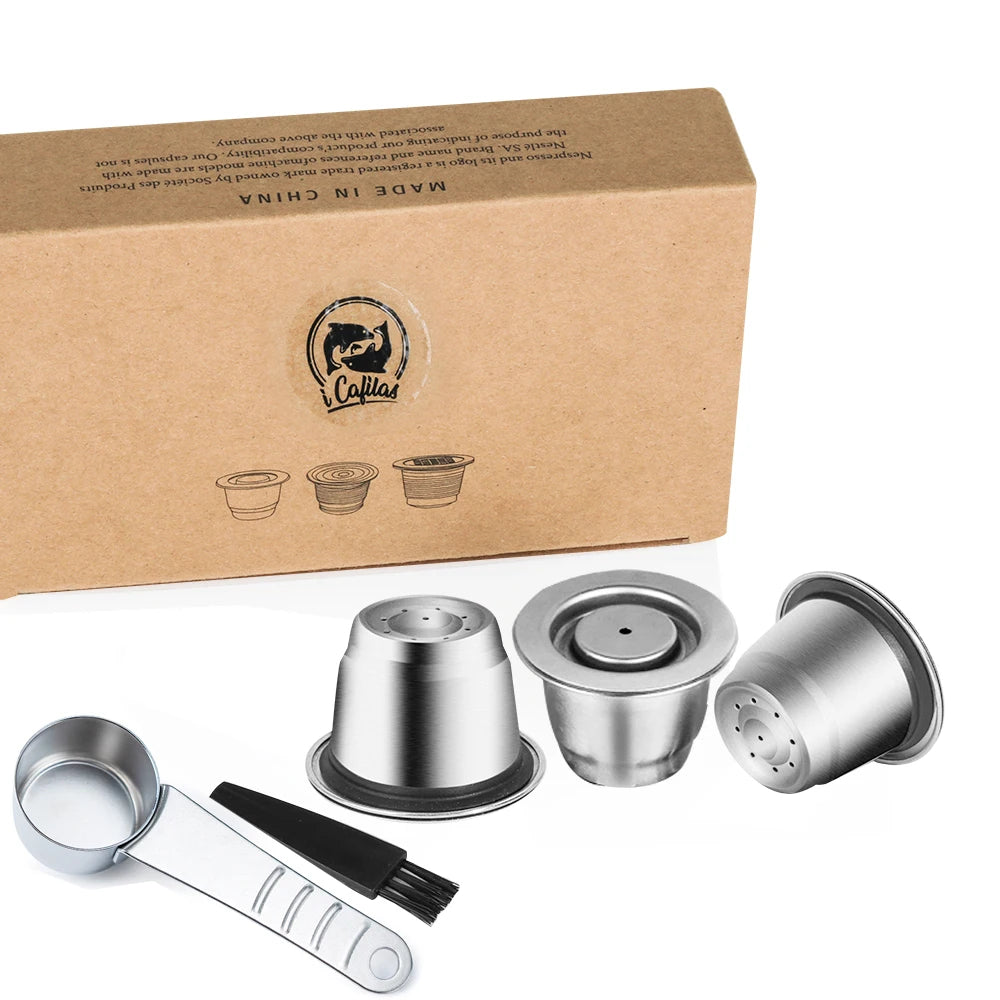 Reusable stainless steel coffee capsule for Nespresso machines, eco-friendly cup with tamper and spoon included.