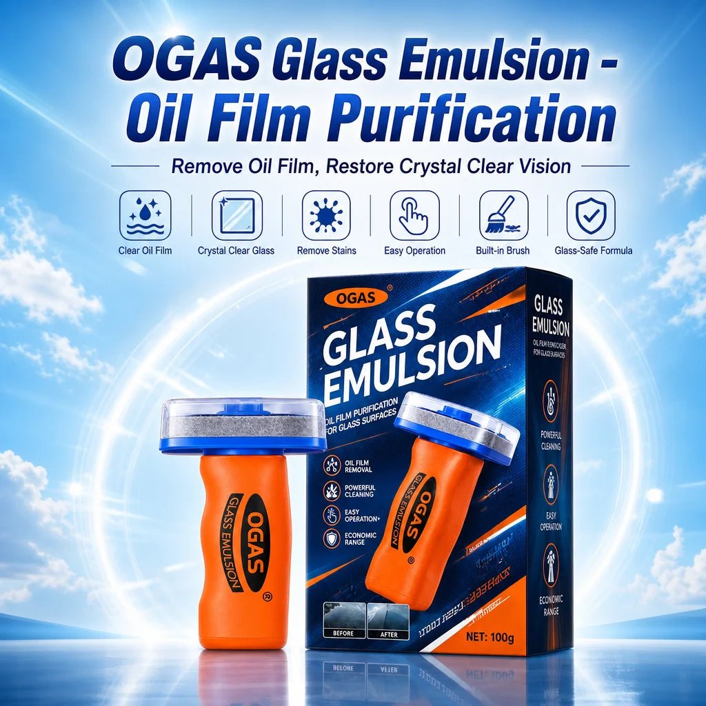 OGAS 2G Upg car glass oil film remover with built-in brush, streak-free windshield cleaner, anti-glare, clear and easy to use.