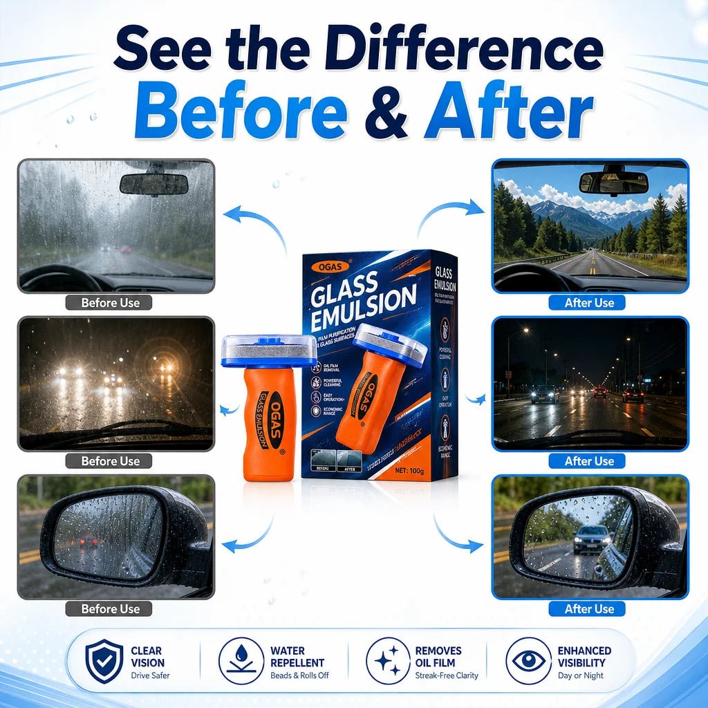 OGAS 2G Upg car glass oil film remover emulsion with built-in brush, windshield cleaner for streak-free, anti-glare, clear glass.