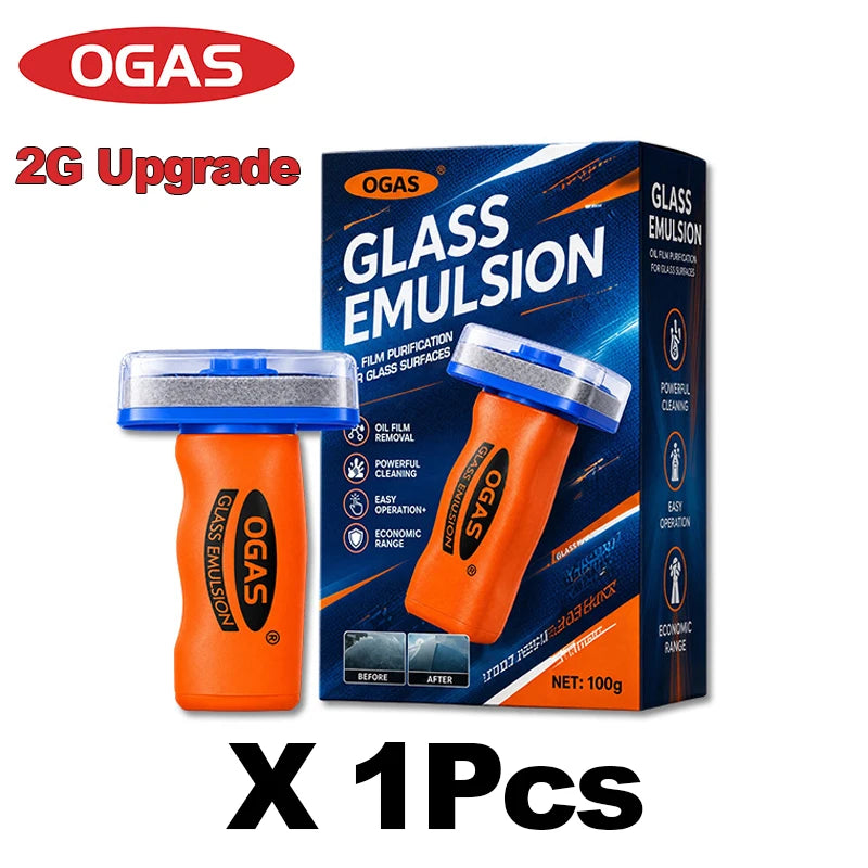 OGAS 2G Upg Car Glass Oil Film Remover Emulsion with built-in brush, windshield cleaner, streak-free, anti-glare, clear finish.