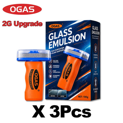 BackupMyFilesNow® OGAS 2G Upg 100g car glass oil film remover with built-in brush for streak-free, anti-glare windshield cleaning.