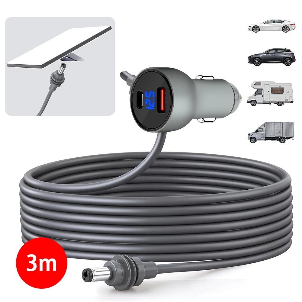 2/3m black Starlink Mini digital display car charger DC power cable with USB A+C interface for vehicle charging.