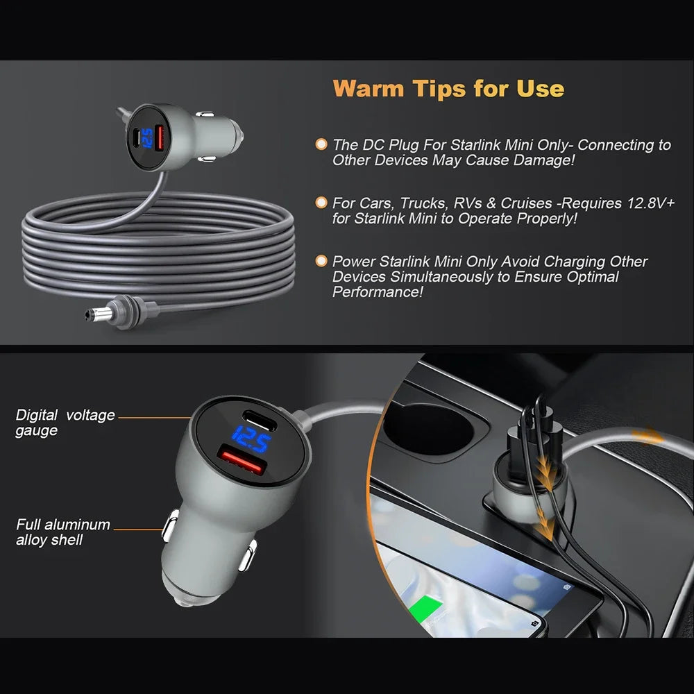 2/3M black Starlink Mini digital display car charger DC power cable with USB-A+C interface for vehicle charging.