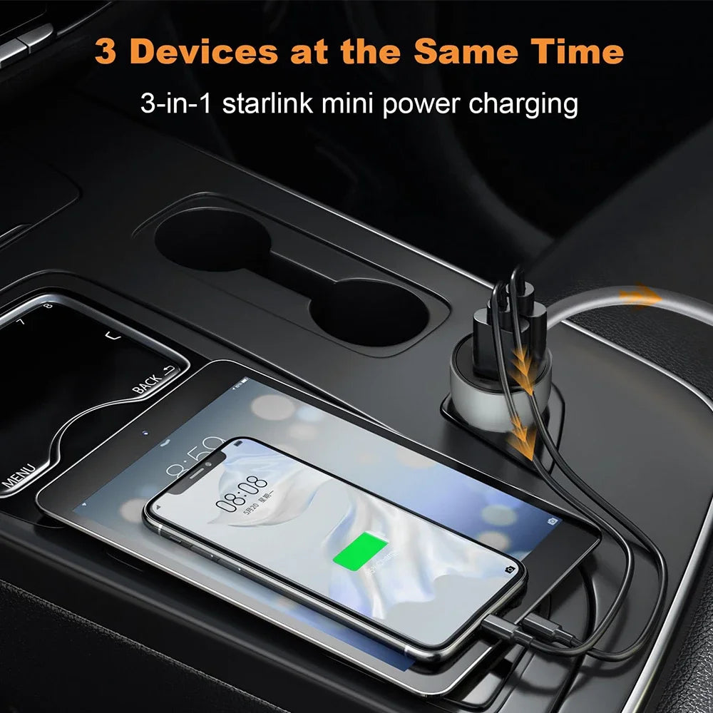 2/3M black Starlink Mini digital display car charger DC power cable with USB-A+C interface for vehicle charging, by BACKUPMYFILESNOW.COM®.