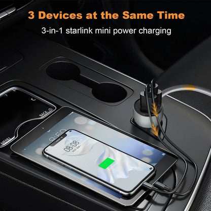 2/3M black Starlink Mini digital display car charger DC power cable with USB-A+C interface for vehicle charging, by BACKUPMYFILESNOW.COM®.