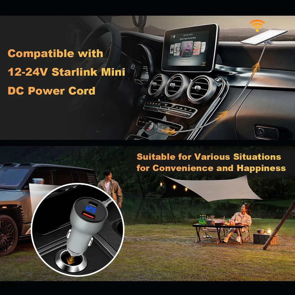 BackupMyFilesNow® 2/3M black car charger cable for Starlink Mini with digital display, USB-A+C interface, and DC power connection.