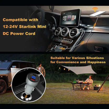 BackupMyFilesNow® 2/3M black car charger cable for Starlink Mini with digital display, USB-A+C interface, and DC power connection.