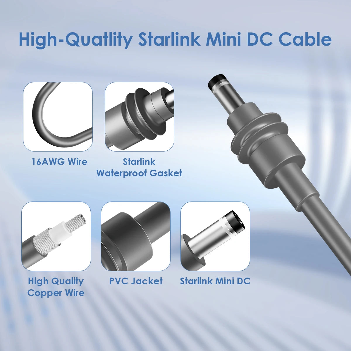 Starlink Mini DC to DC power cable by BACKUPMYFILESNOW.COM, waterproof 16AWG charging cord, 100W capacity for SpaceX Starlink.