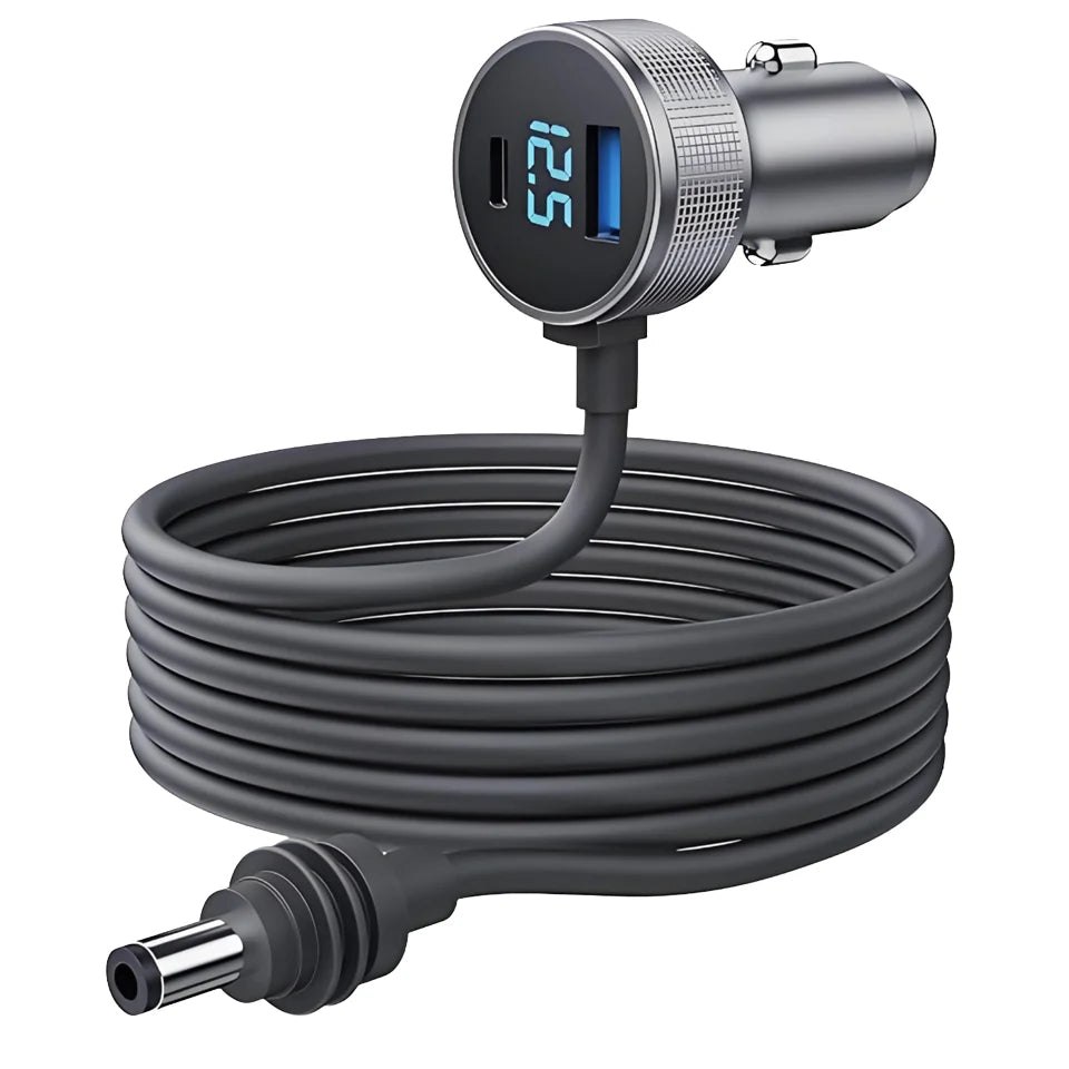 RoHS certified Starlink Mini Charger with 3M waterproof PVC jacket, dual USB and DC power cables, in grey.