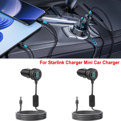 BackupMyFilesNow® Starlink 3-in-1 car charger with dual USB ports, 2m waterproof extension cable, digital voltmeter, suitable for 12V-24V vehicles.