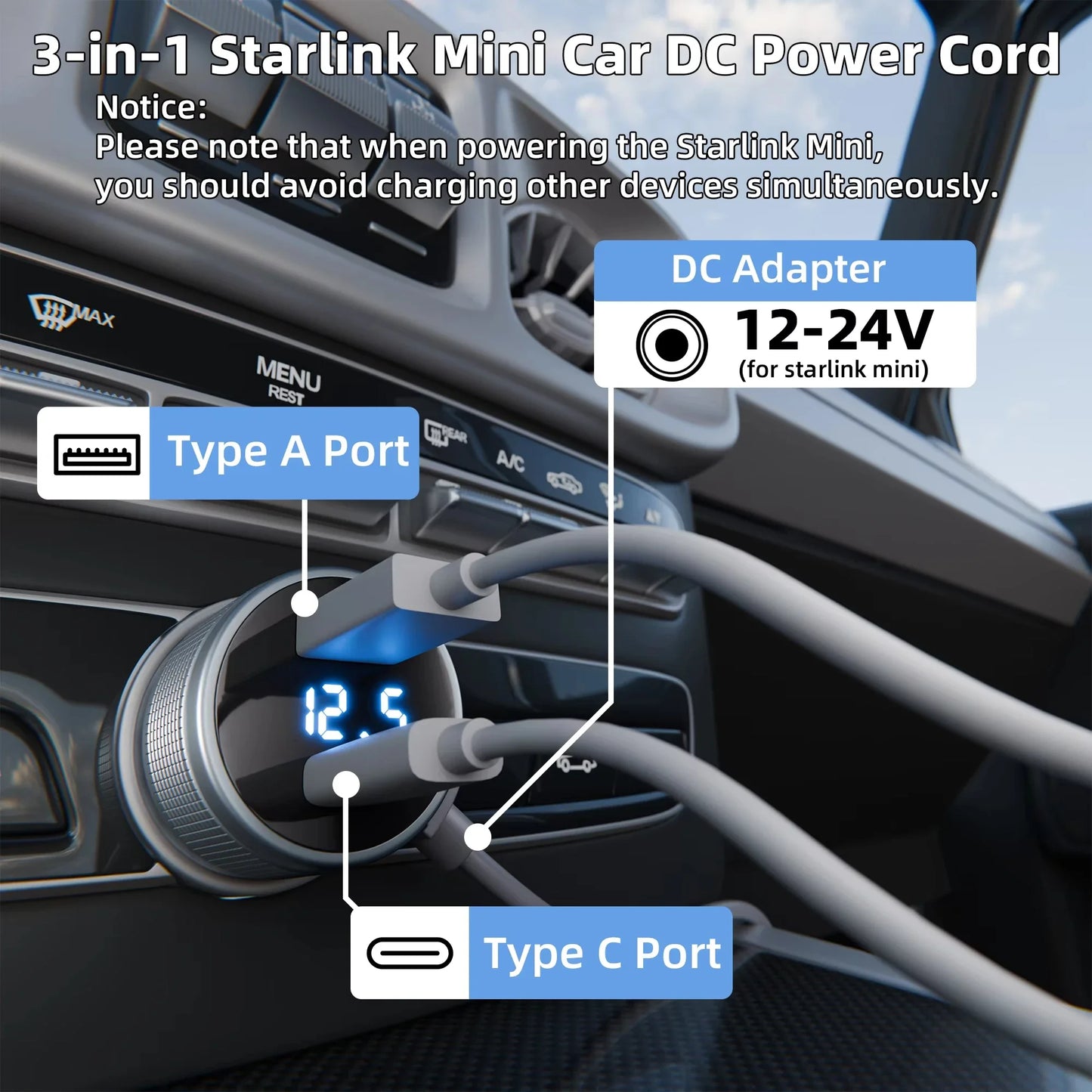 BACKUPMYFILESNOW.COM® 3-in-1 Starlink Mini Car Charger with dual USB ports, digital voltmeter, waterproof extension cable, and 2m DC cable