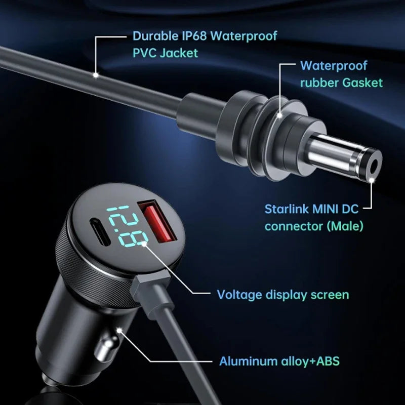 BackupMyFilesNow 3-in-1 Starlink mini car charger with dual USB ports, 2m waterproof extension cable, digital voltmeter, for 12V-24V vehicles.